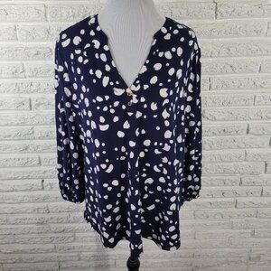 Fred David Plus 2X Top V-Neck Blouse Blue Watercolor Long Sleeve WAT96E